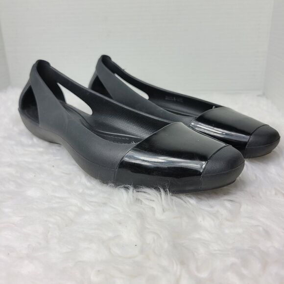 Crocs Sienna Womens Shoes  Size 9 Shiny Flat’s Black Cap Toe Slip On Ballet - Picture 1 of 8